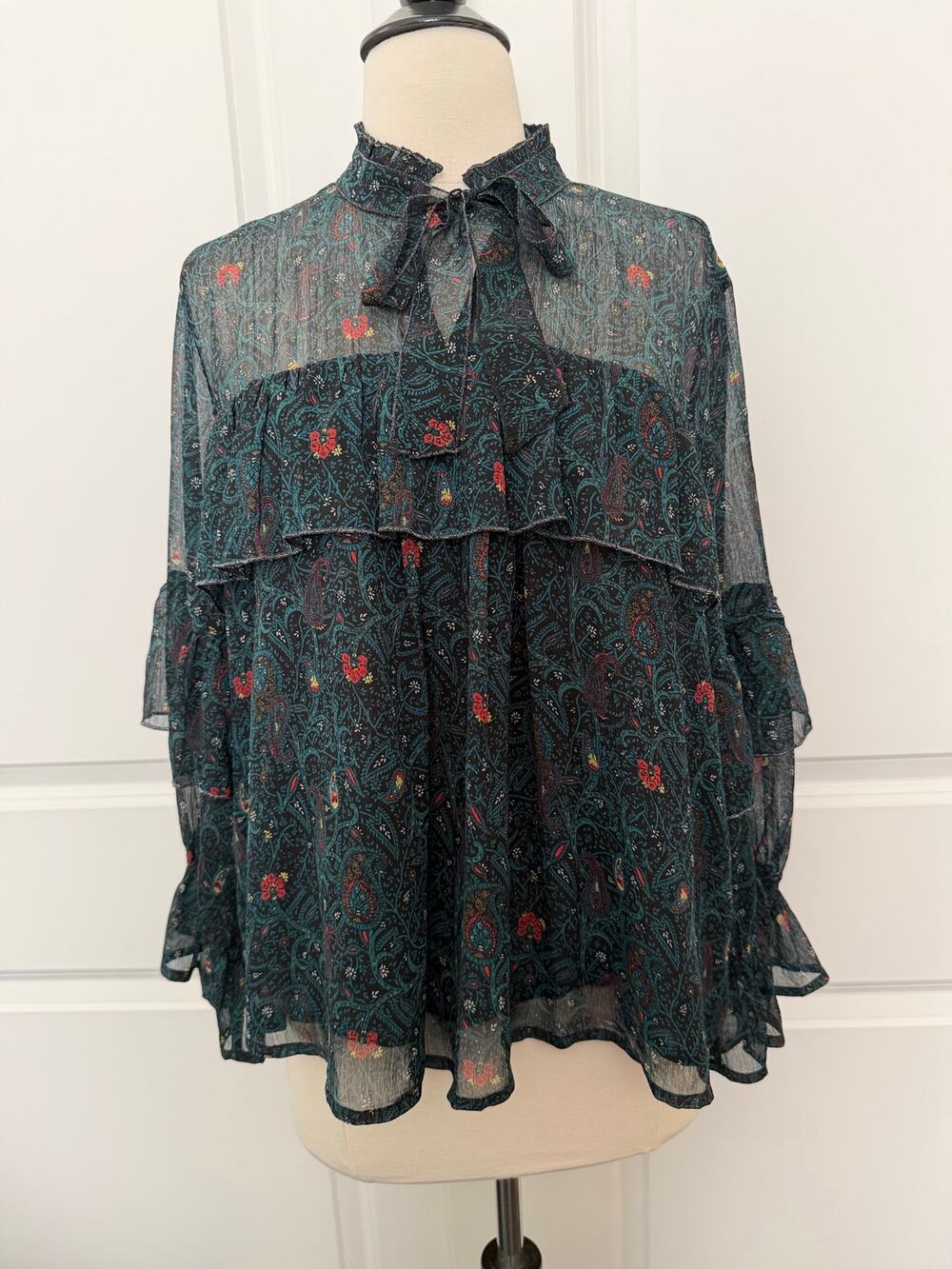 Lucky Brand Boho Paisley Floral Sheer Ruffle Tie Neck Blouse Top green black